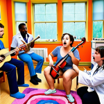 **

A music therapy intern looking overwhelmed but determined, surrounded by diverse patients playing various instruments in a lively, colorful room. The style should be slightly cartoonish to emphasize the chaotic but ultimately hopeful environment.

**