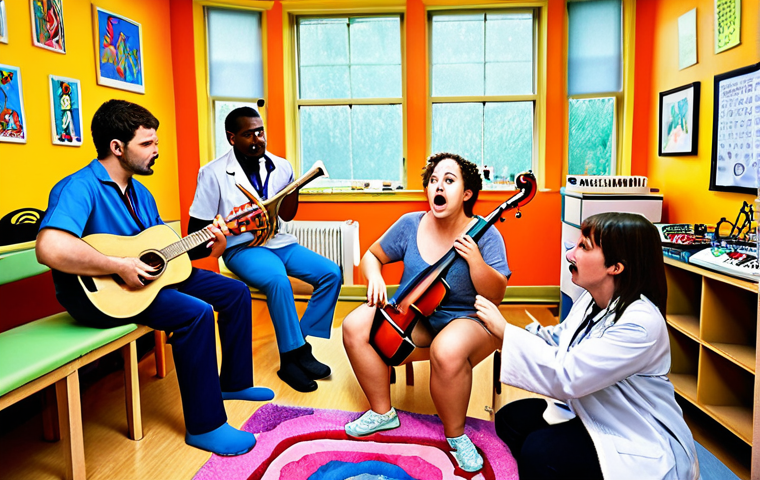 **
A music therapy intern looking overwhelmed but determined, surrounded by diverse patients playing various instruments in a lively, colorful room. The style should be slightly cartoonish to emphasize the chaotic but ultimately hopeful environment.
**